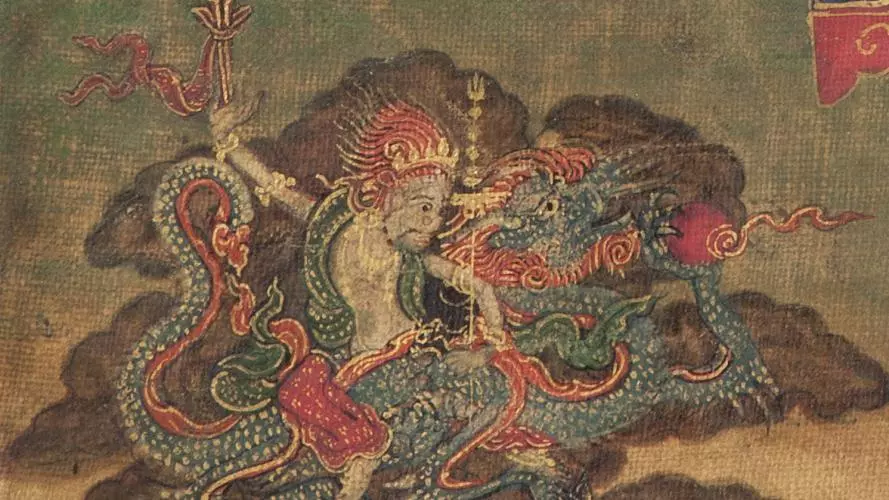 White Jambhala on a turquoise dragon, detail of Tuchen Wangdu Nyingpo, Tibet, 18th C. Rubin Museum of Art, C2001.3.5 (HAR 65011)