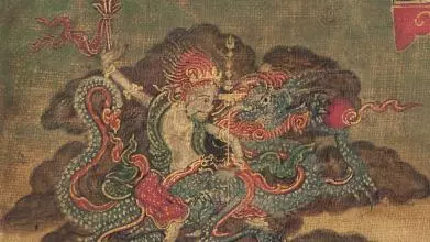 White Jambhala on a turquoise dragon, detail of Tuchen Wangdu Nyingpo, Tibet, 18th C. Rubin Museum of Art, C2001.3.5 (HAR 65011)