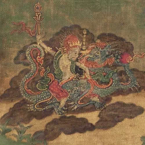 White Jambhala on a turquoise dragon, detail of Tuchen Wangdu Nyingpo, Tibet, 18th C. Rubin Museum of Art, C2001.3.5 (HAR 65011)